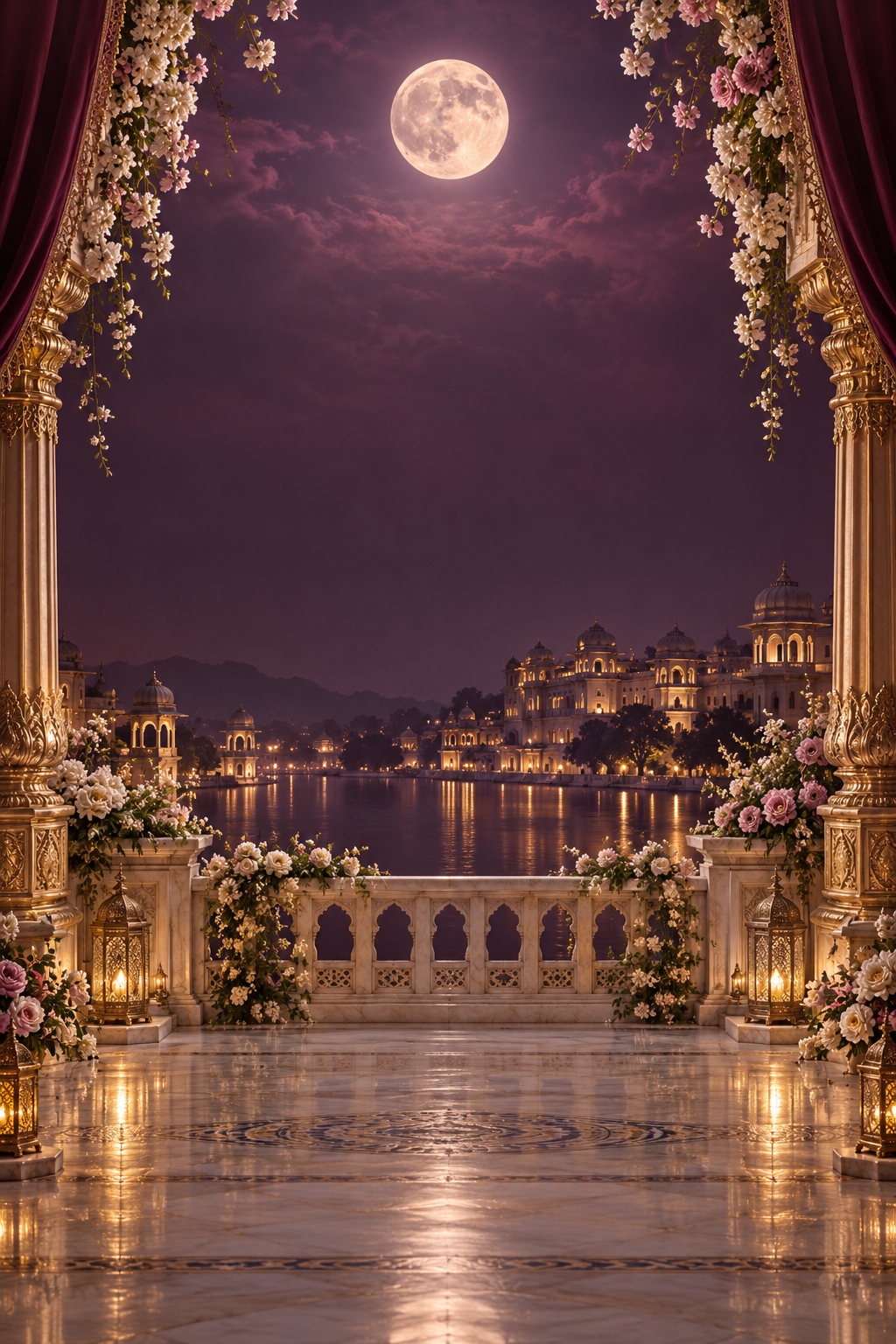 A moonlit palace reflected in the water